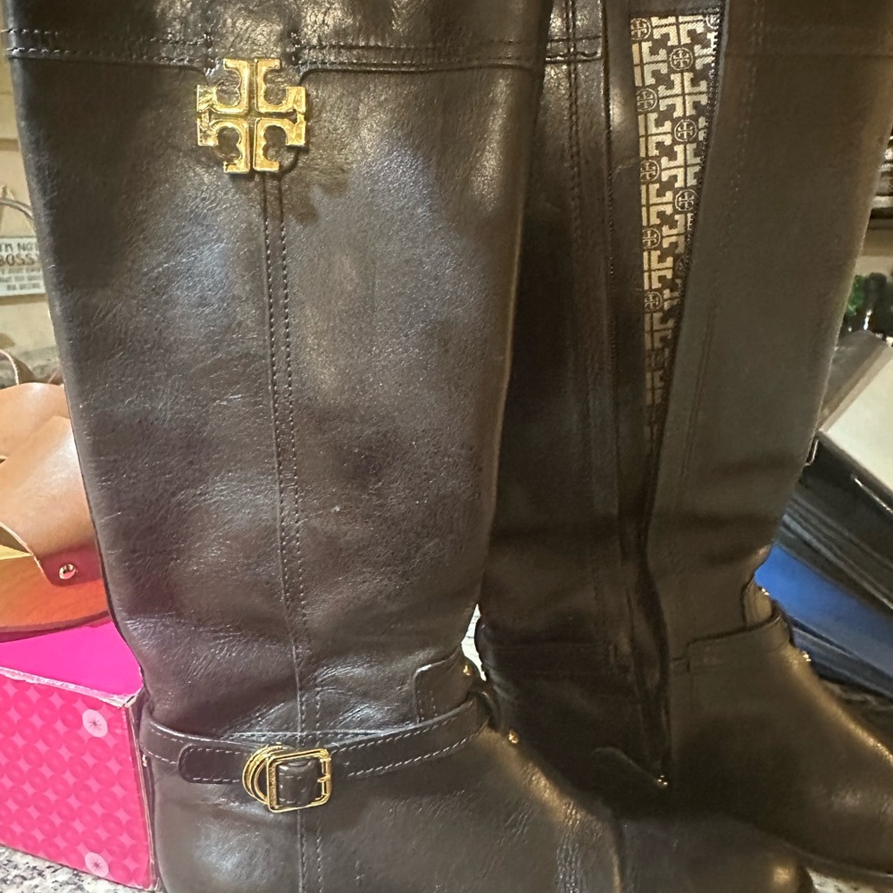 Dark brown Tory Burch riding boots.